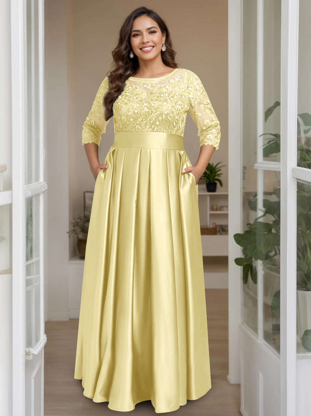 Plus Size Long Mother of the Bride A Line Dress with 3/4 Sleeves Scoop Neck Bow & Sequins