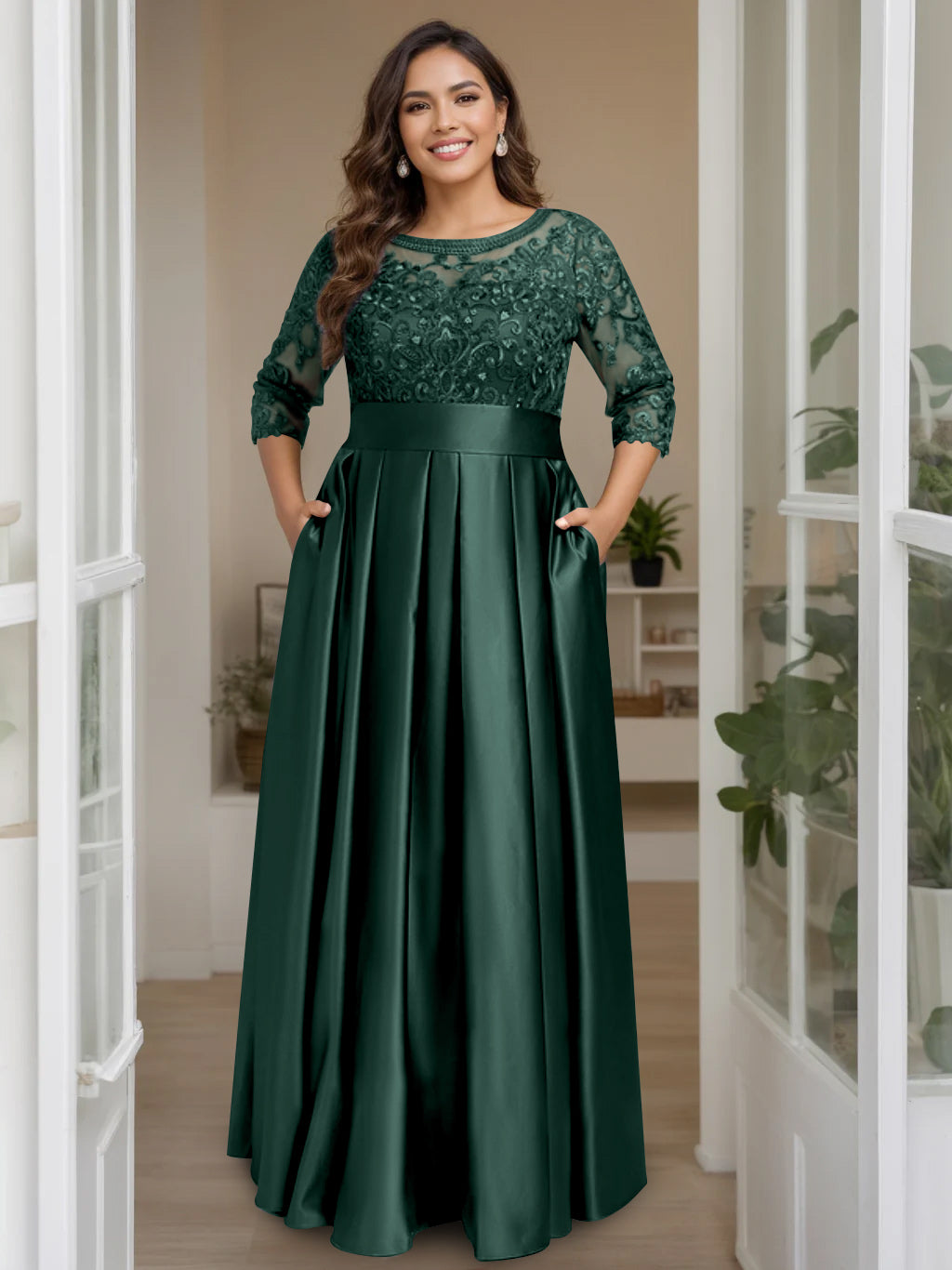 Plus Size Long Mother of the Bride A Line Dress with 3/4 Sleeves Scoop Neck Bow & Sequins