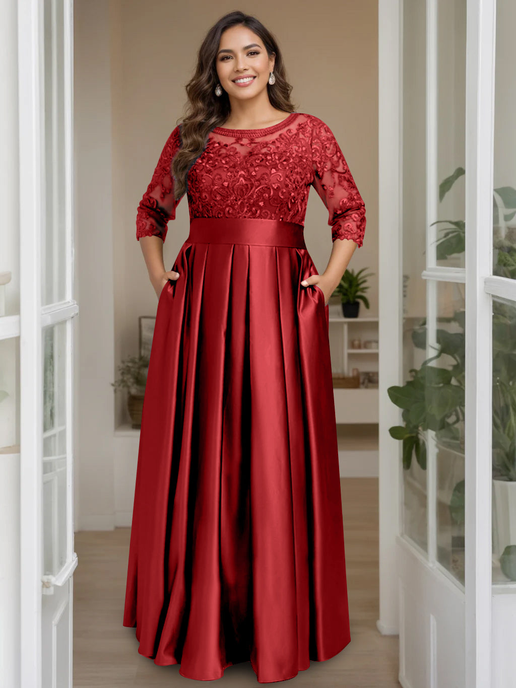 Plus Size Long Mother of the Bride A Line Dress with 3/4 Sleeves Scoop Neck Bow & Sequins