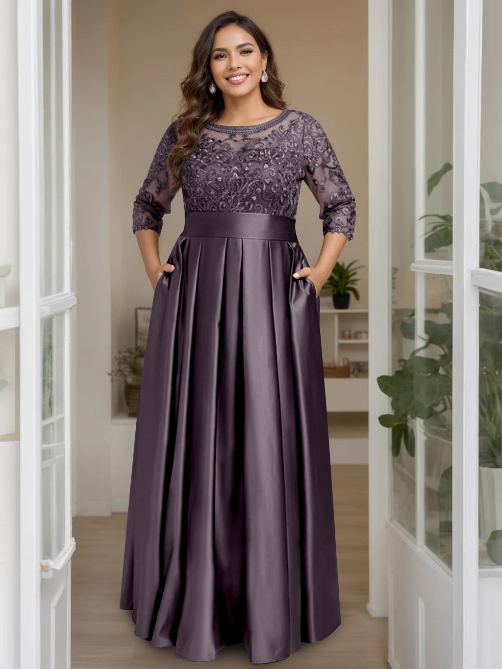 Plus Size Long Mother of the Bride A Line Dress with 3/4 Sleeves Scoop Neck Bow & Sequins