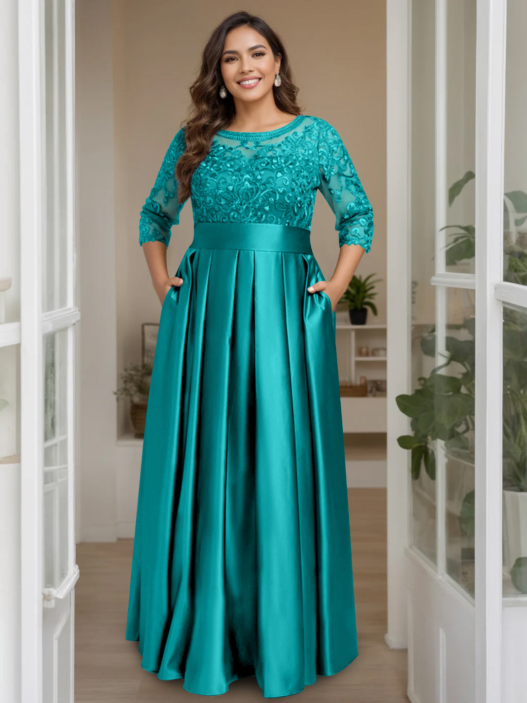 Plus Size Long Mother of the Bride A Line Dress with 3/4 Sleeves Scoop Neck Bow & Sequins