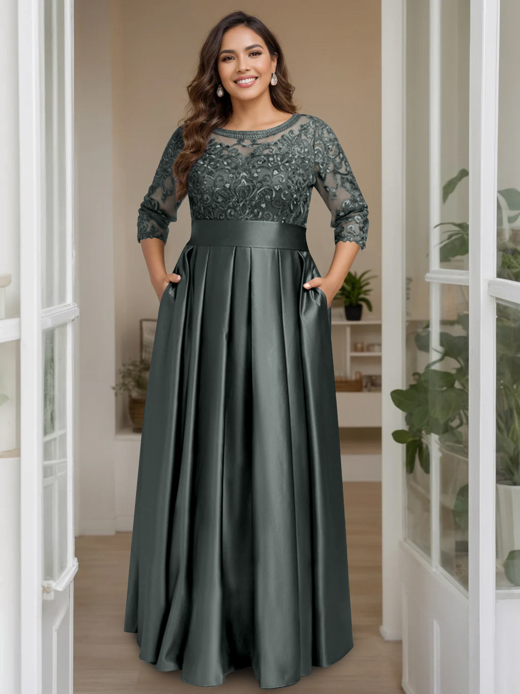 Plus Size Long Mother of the Bride A Line Dress with 3/4 Sleeves Scoop Neck Bow & Sequins