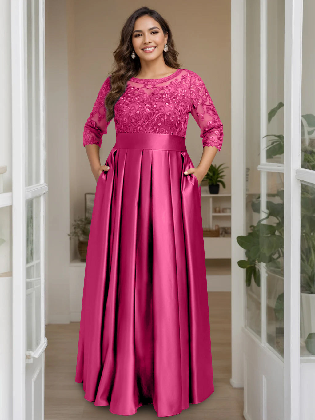 Plus Size Long Mother of the Bride A Line Dress with 3/4 Sleeves Scoop Neck Bow & Sequins