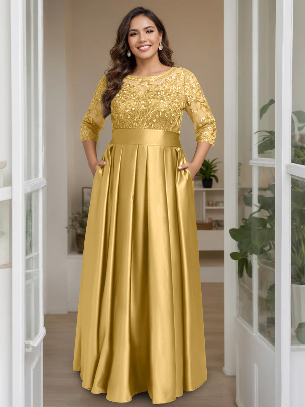 Plus Size Long Mother of the Bride A Line Dress with 3/4 Sleeves Scoop Neck Bow & Sequins