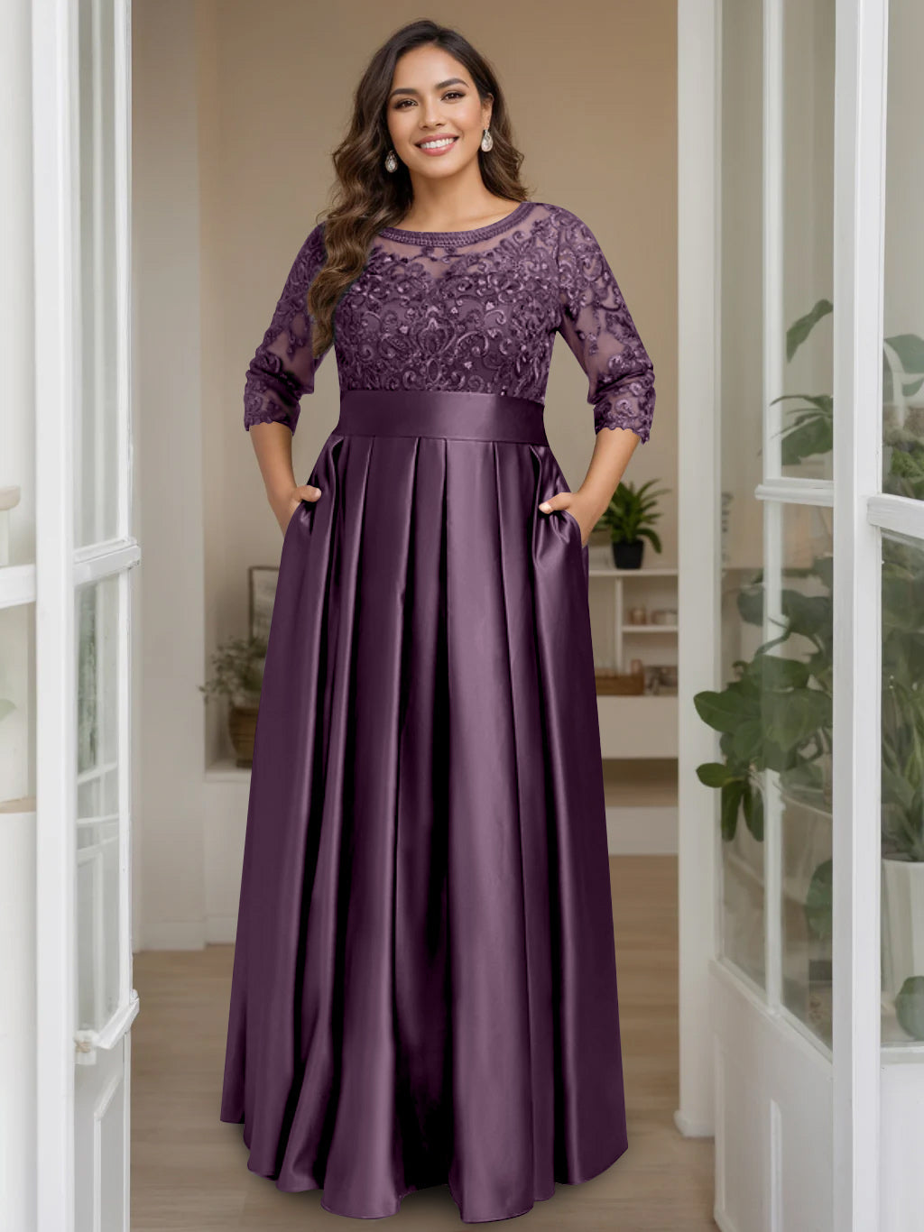 Plus Size Long Mother of the Bride A Line Dress with 3/4 Sleeves Scoop Neck Bow & Sequins