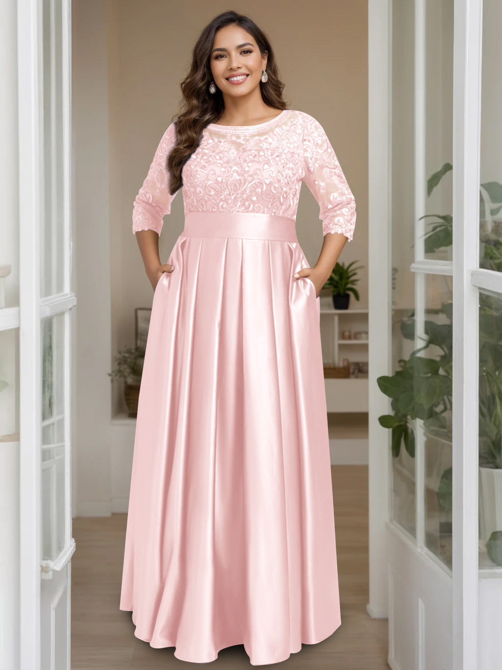 Plus Size Long Mother of the Bride A Line Dress with 3/4 Sleeves Scoop Neck Bow & Sequins