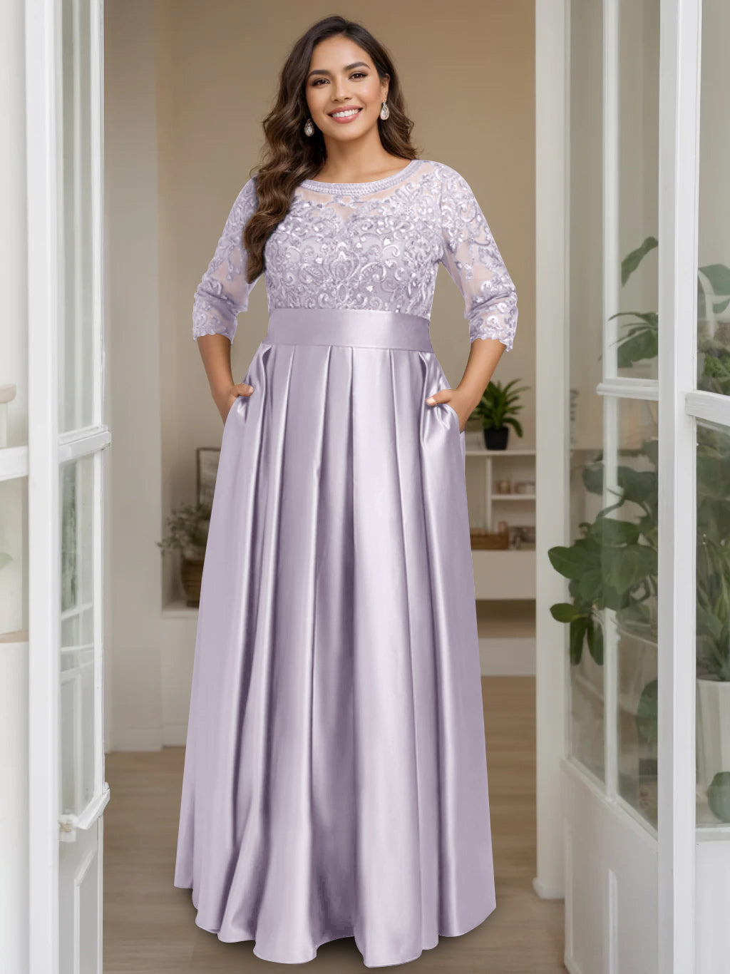 Plus Size Long Mother of the Bride A Line Dress with 3/4 Sleeves Scoop Neck Bow & Sequins