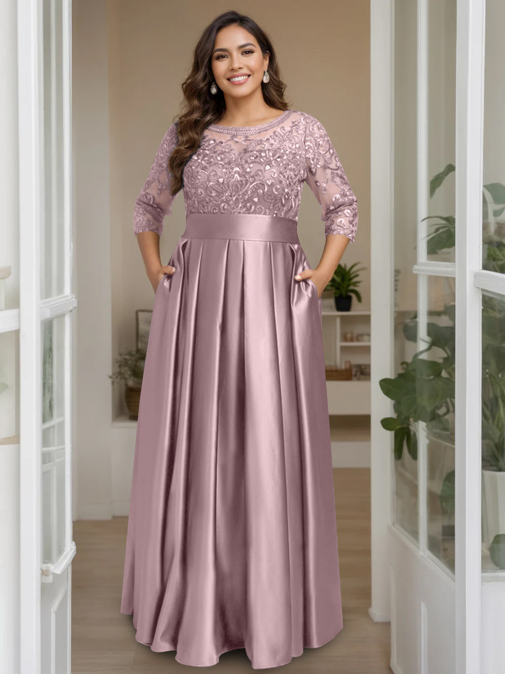 Plus Size Long Mother of the Bride A Line Dress with 3/4 Sleeves Scoop Neck Bow & Sequins