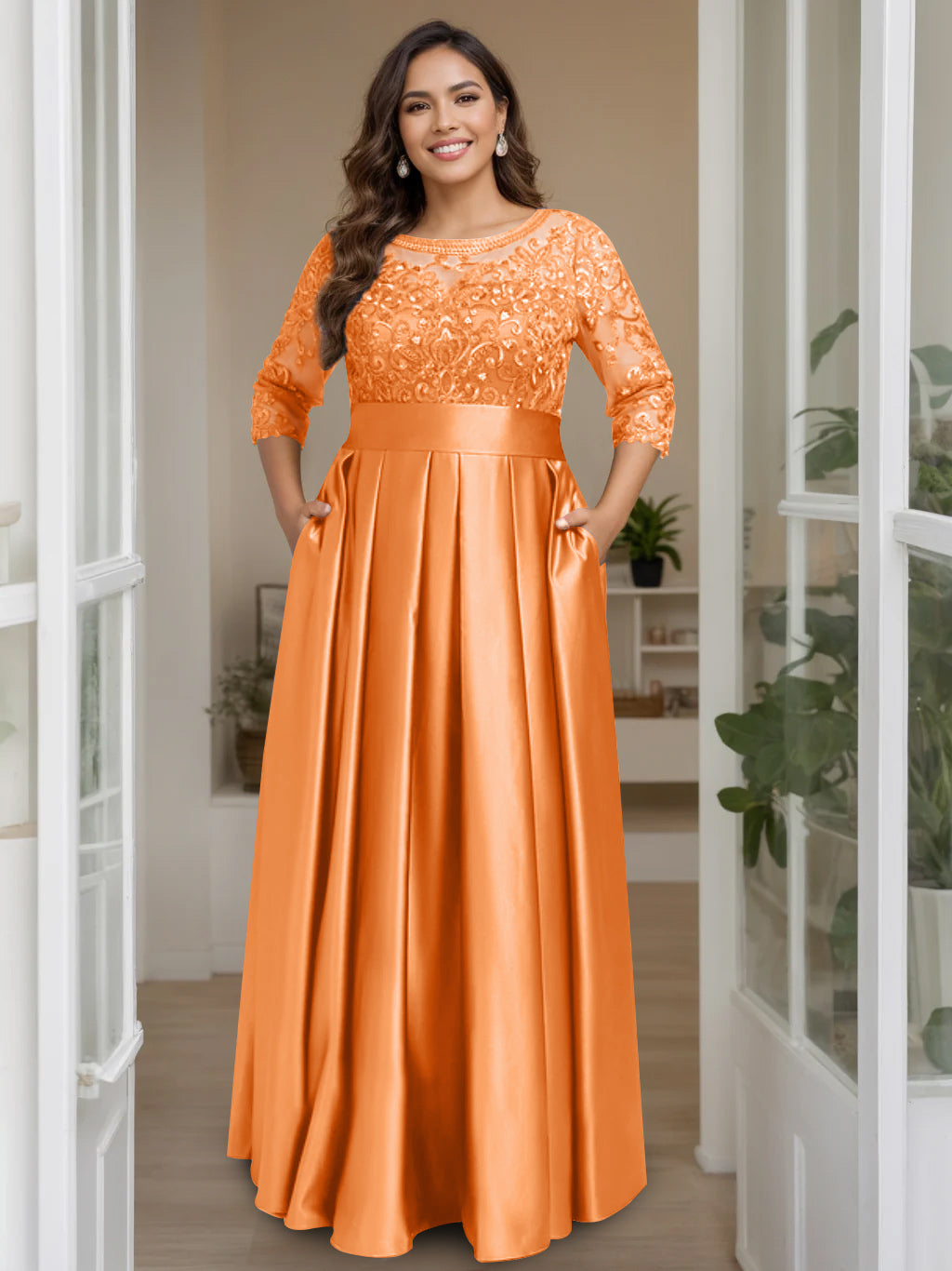 Plus Size Long Mother of the Bride A Line Dress with 3/4 Sleeves Scoop Neck Bow & Sequins