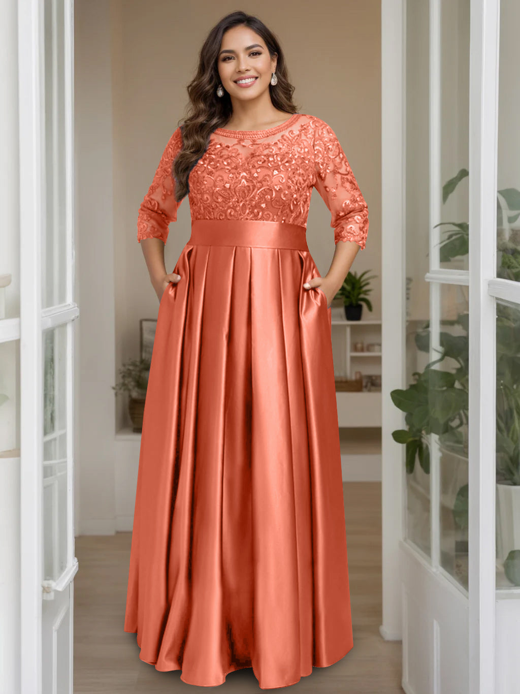 Plus Size Long Mother of the Bride A Line Dress with 3/4 Sleeves Scoop Neck Bow & Sequins