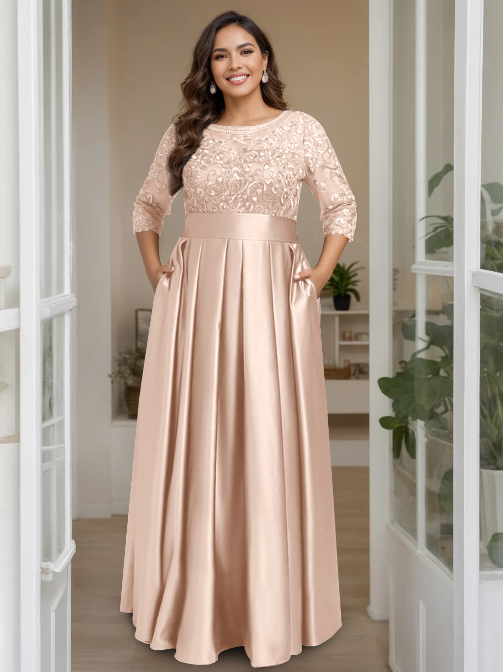 Plus Size Long Mother of the Bride A Line Dress with 3/4 Sleeves Scoop Neck Bow & Sequins