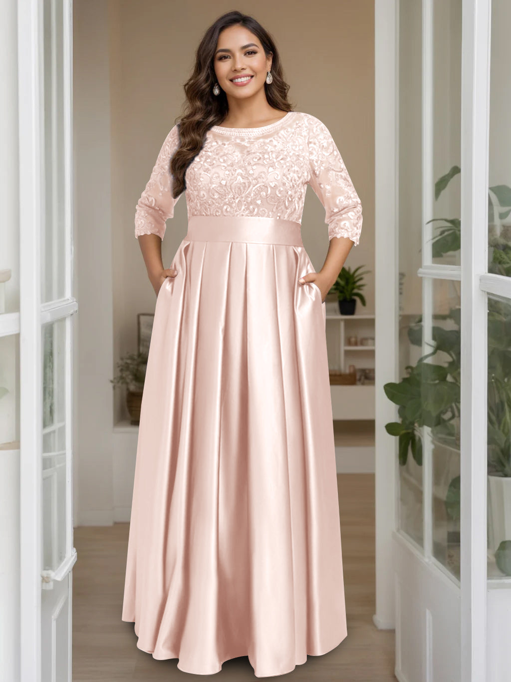 Plus Size Long Mother of the Bride A Line Dress with 3/4 Sleeves Scoop Neck Bow & Sequins