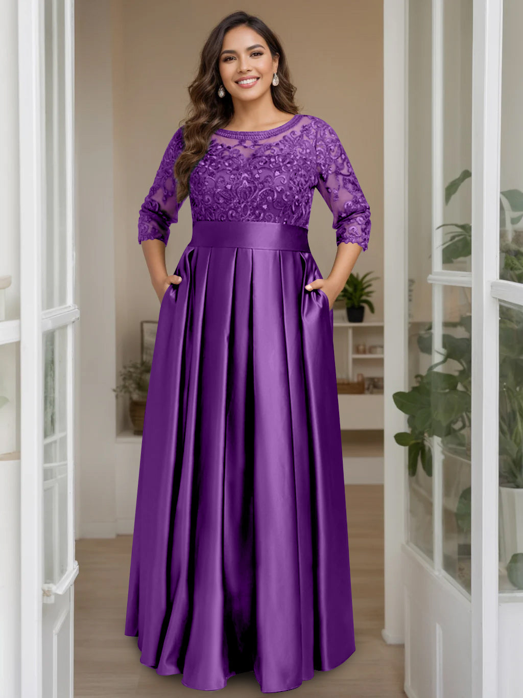 Plus Size Long Mother of the Bride A Line Dress with 3/4 Sleeves Scoop Neck Bow & Sequins