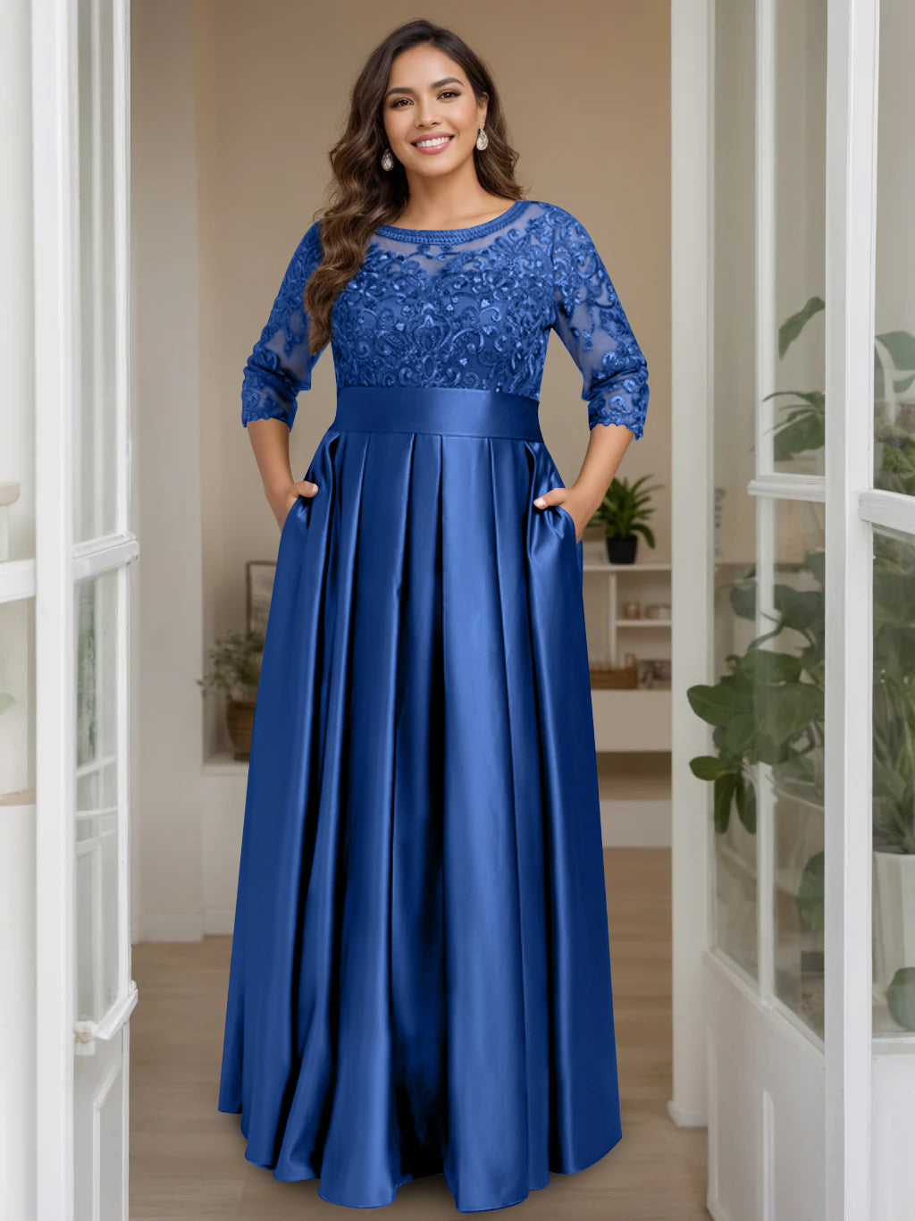Plus Size Long Mother of the Bride A Line Dress with 3/4 Sleeves Scoop Neck Bow & Sequins
