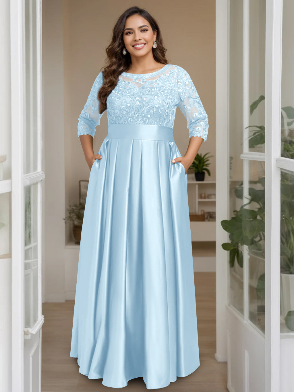 Plus Size Long Mother of the Bride A Line Dress with 3/4 Sleeves Scoop Neck Bow & Sequins