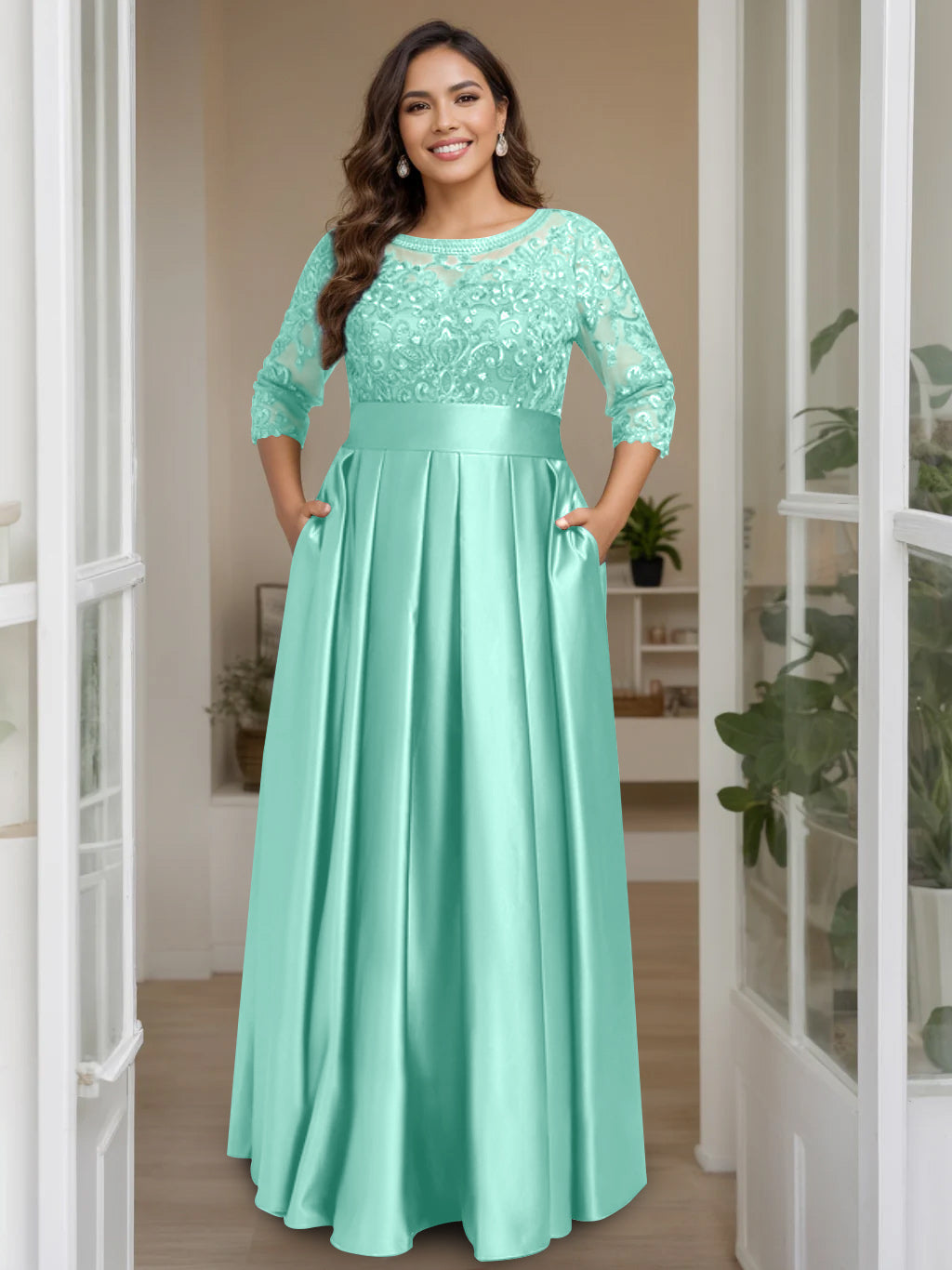 Plus Size Long Mother of the Bride A Line Dress with 3/4 Sleeves Scoop Neck Bow & Sequins