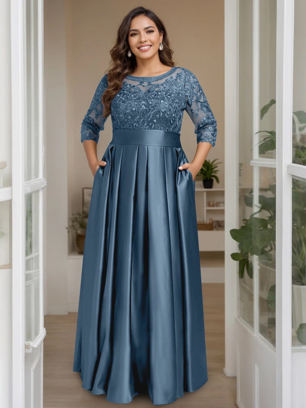 Plus Size Long Mother of the Bride A Line Dress with 3/4 Sleeves Scoop Neck Bow & Sequins