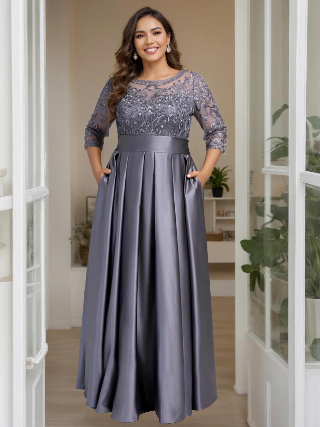 Plus Size Long Mother of the Bride A Line Dress with 3/4 Sleeves Scoop Neck Bow & Sequins