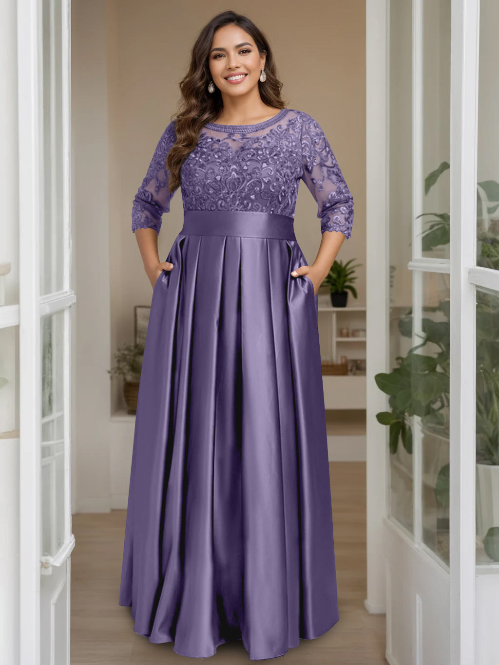 Plus Size Long Mother of the Bride A Line Dress with 3/4 Sleeves Scoop Neck Bow & Sequins