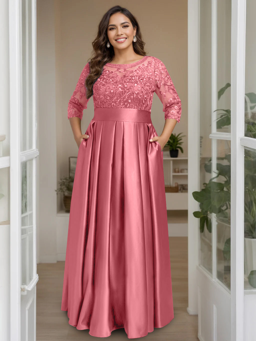 Plus Size Long Mother of the Bride A Line Dress with 3/4 Sleeves Scoop Neck Bow & Sequins