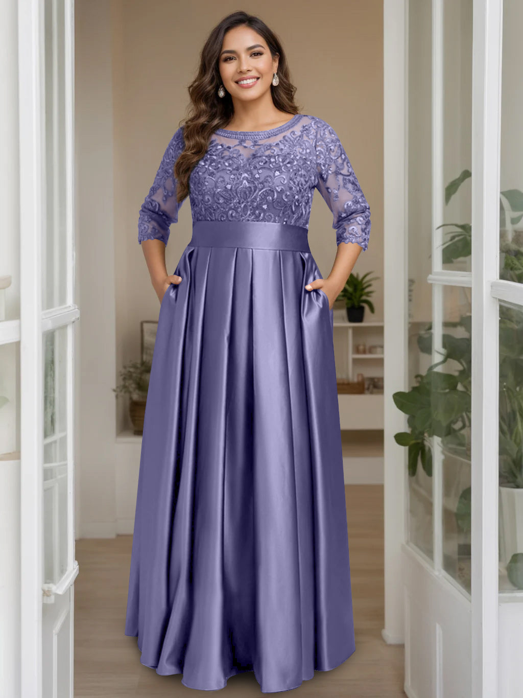 Plus Size Long Mother of the Bride A Line Dress with 3/4 Sleeves Scoop Neck Bow & Sequins