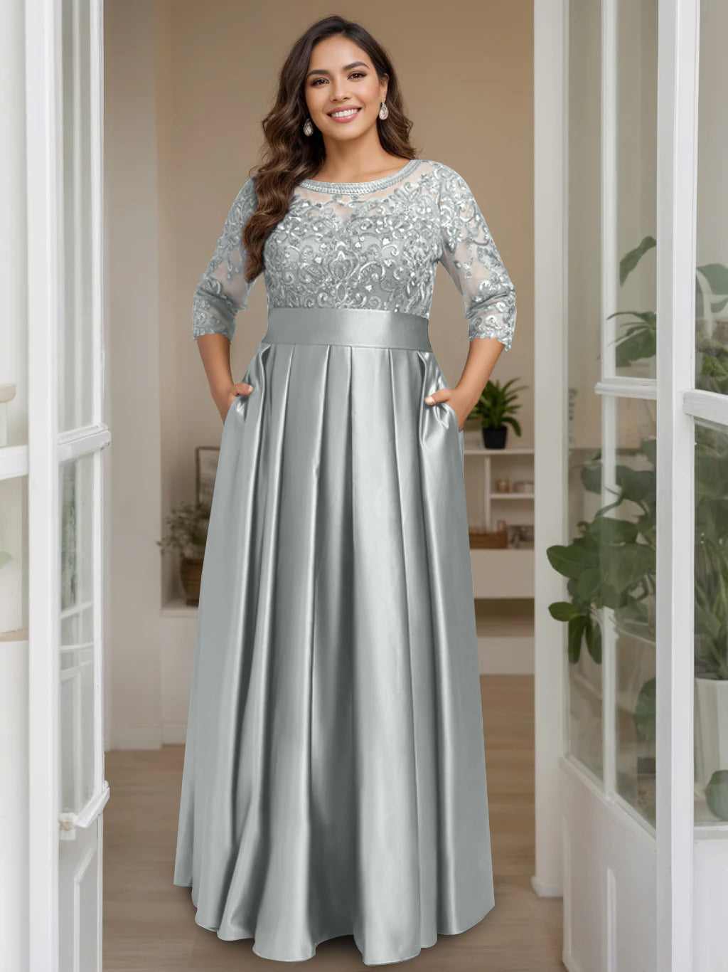 Plus Size Long Mother of the Bride A Line Dress with 3/4 Sleeves Scoop Neck Bow & Sequins