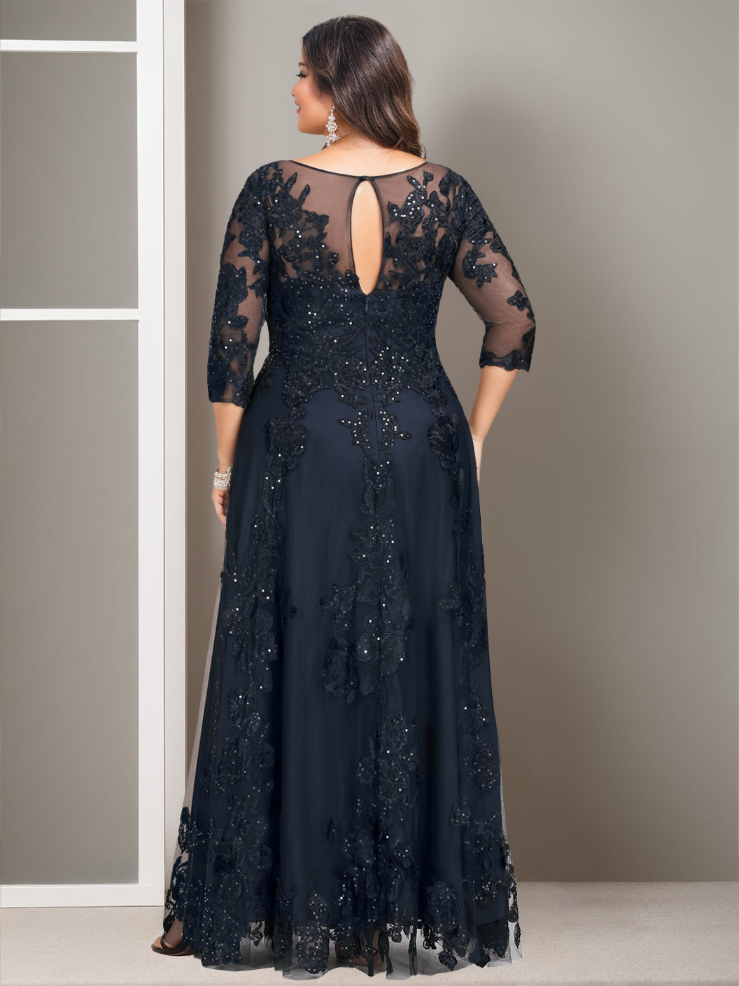 Plus Size Long Mother of the Bride A Line Dress with 3/4 Sleeves and Sequins
