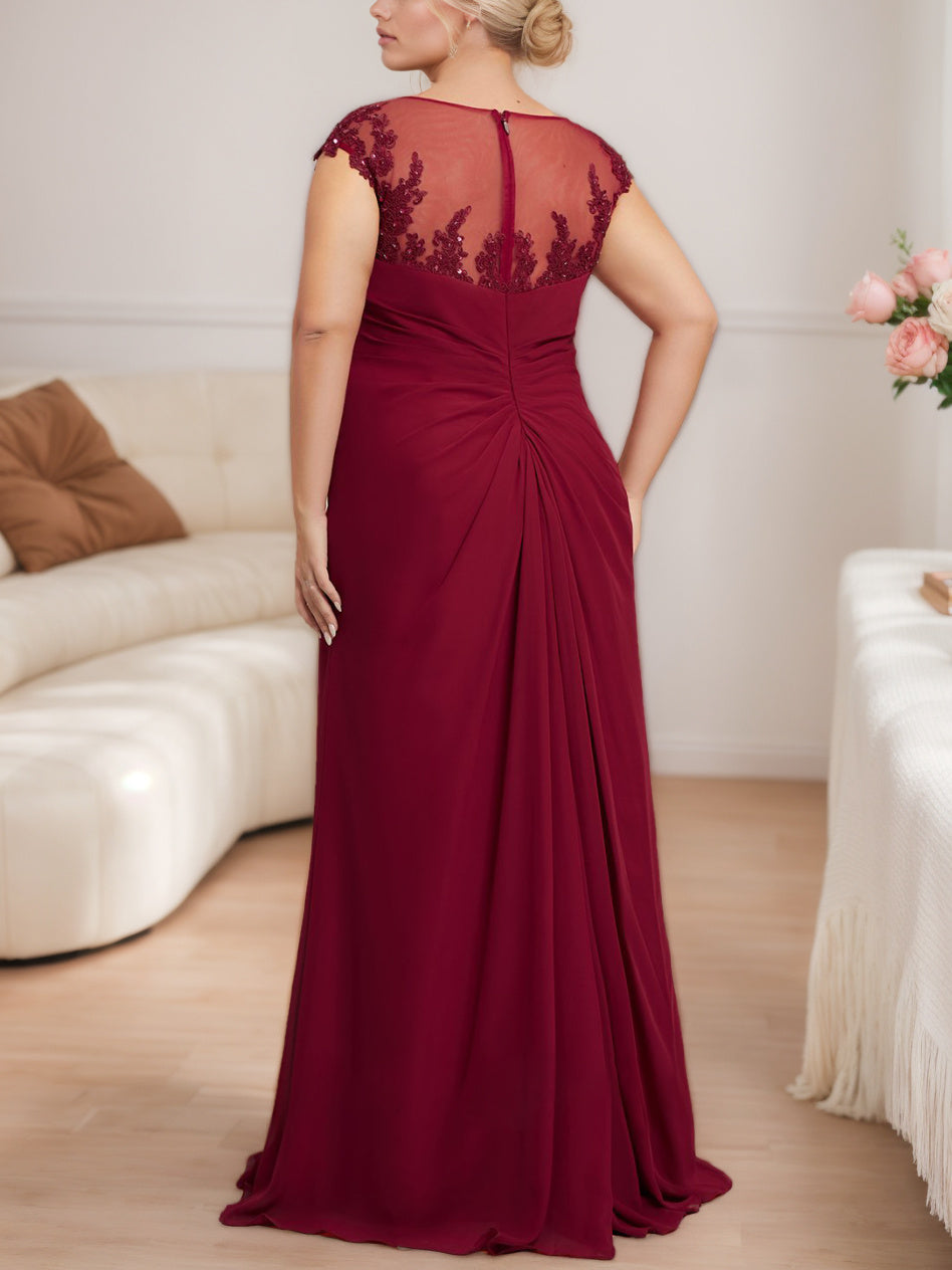 Plus Size Long Mother of the Bride A Line Dress with Scoop Neck Cap Sleeves Beading Pleats & Sequins