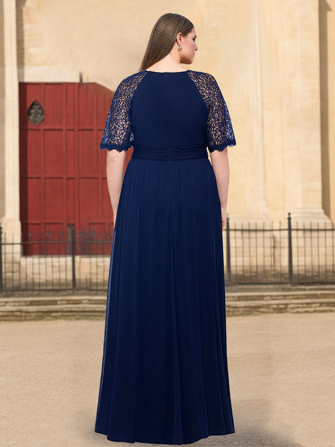 Plus Size Long Mother of the Bride A Line Dress with Scoop Neck Half Sleeves Ruffles and Lace