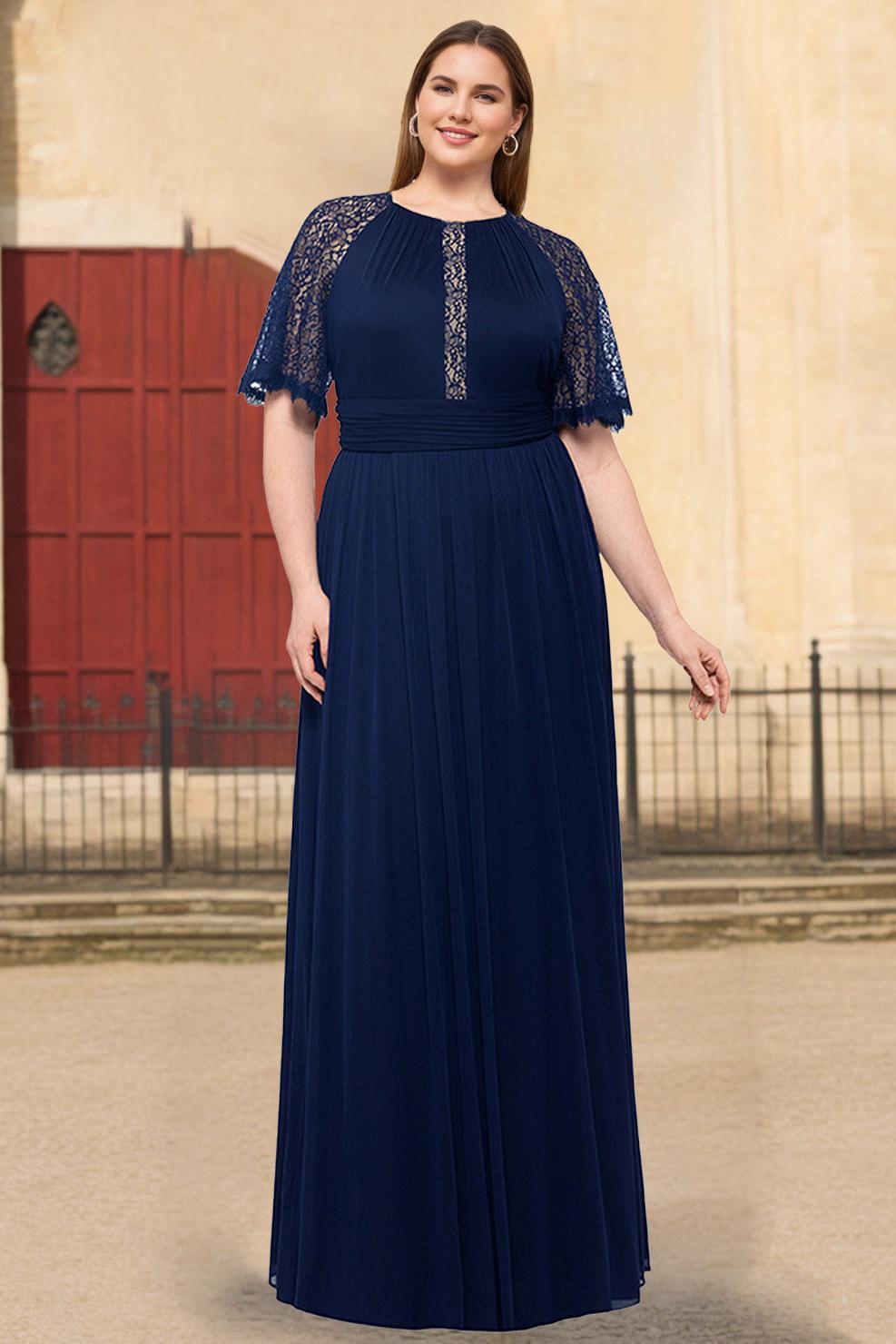 Plus Size Long Mother of the Bride A Line Dress with Scoop Neck Half Sleeves Ruffles and Lace