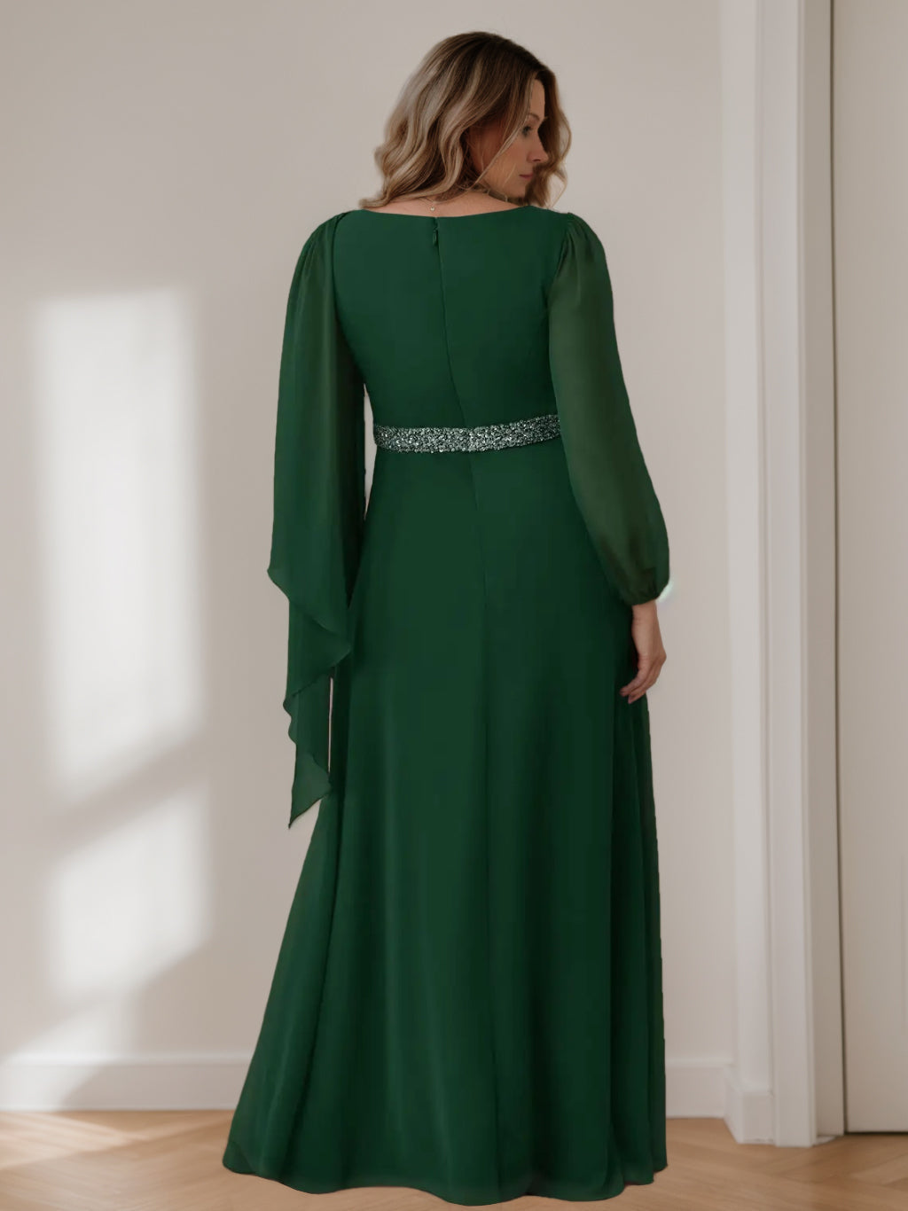 Plus Size Long Mother of the Bride A Line Dress with Scoop Neck Long Sleeves Beaded Pleats and Cascading Ruffles