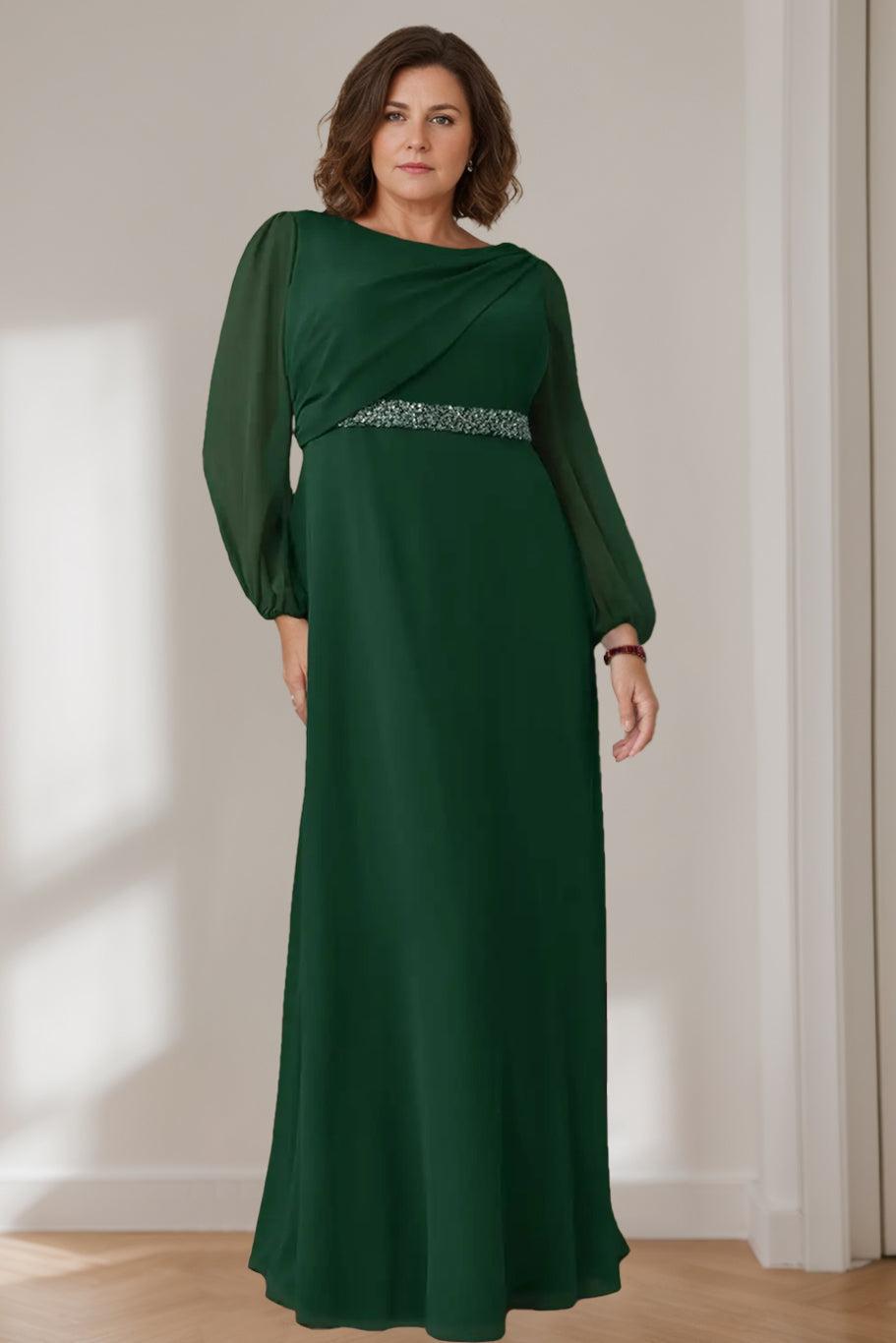 Plus Size Long Mother of the Bride A Line Dress with Scoop Neck Long Sleeves Beaded Pleats and Cascading Ruffles