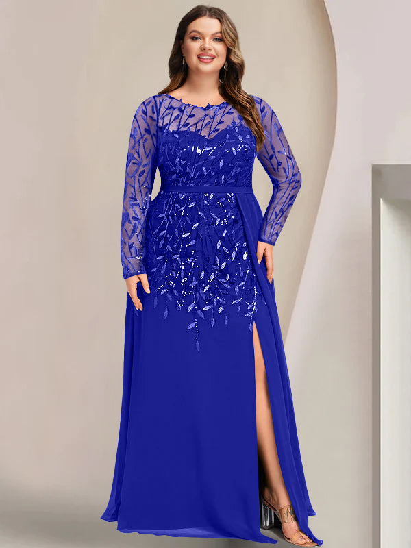 Plus Size Long Mother of the Bride A Line Dress with Scoop Neck Long Sleeves Side Split Ruffles & Sequins