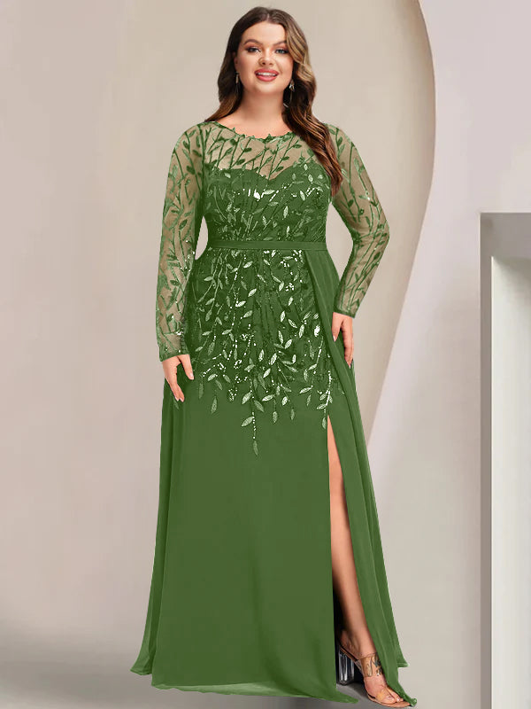 Plus Size Long Mother of the Bride A Line Dress with Scoop Neck Long Sleeves Side Split Ruffles & Sequins