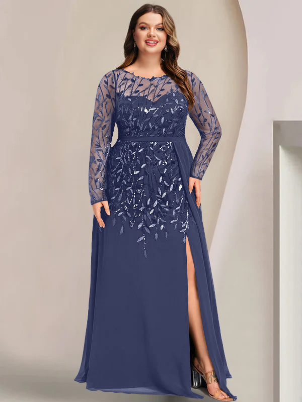 Plus Size Long Mother of the Bride A Line Dress with Scoop Neck Long Sleeves Side Split Ruffles & Sequins