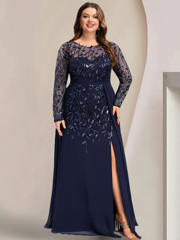 Plus Size Long Mother of the Bride A Line Dress with Scoop Neck Long Sleeves Side Split Ruffles & Sequins
