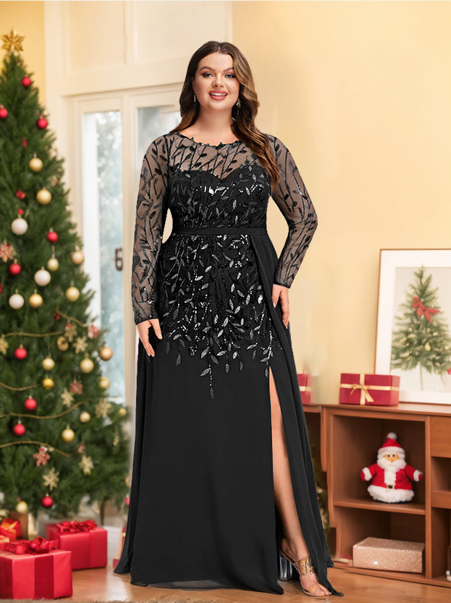 Plus Size Long Mother of the Bride A Line Dress with Scoop Neck Long Sleeves Side Split Ruffles & Sequins
