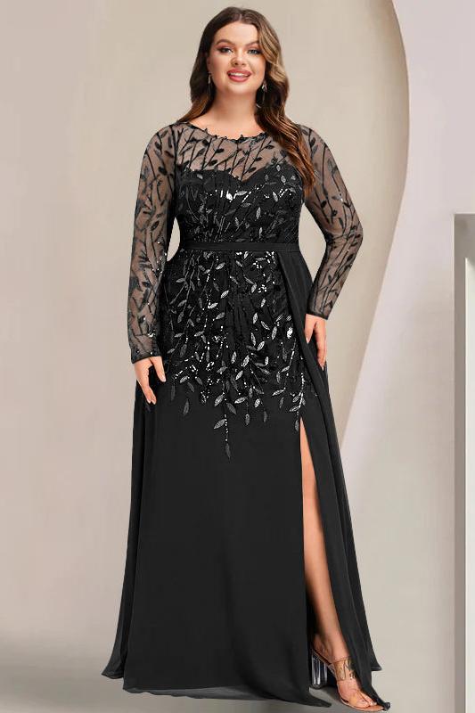 Plus Size Long Mother of the Bride A Line Dress with Scoop Neck Long Sleeves Side Split Ruffles & Sequins