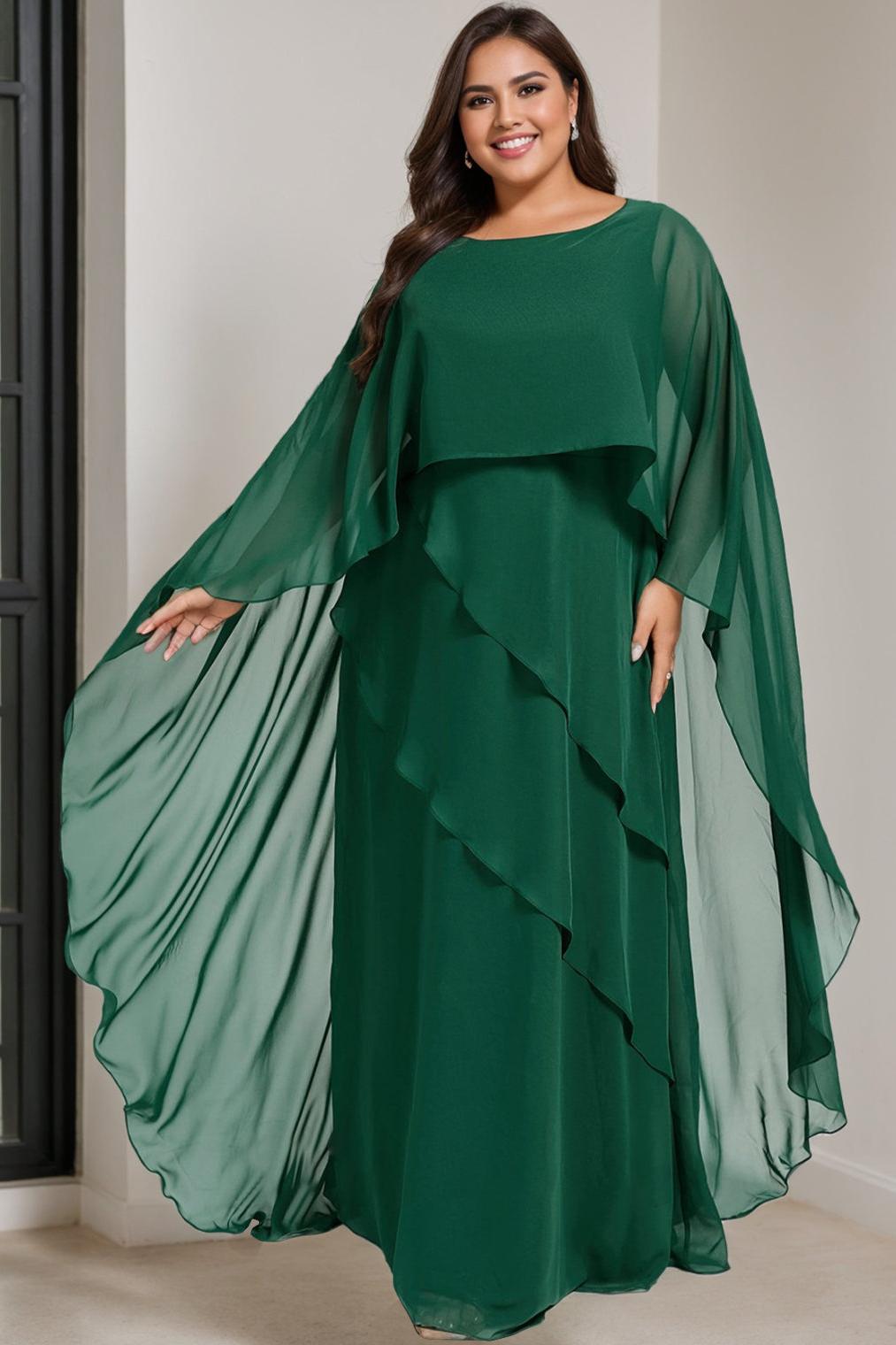 Plus Size Long Mother of the Bride A Line Dress with Scoop Neck and Half Sleeves