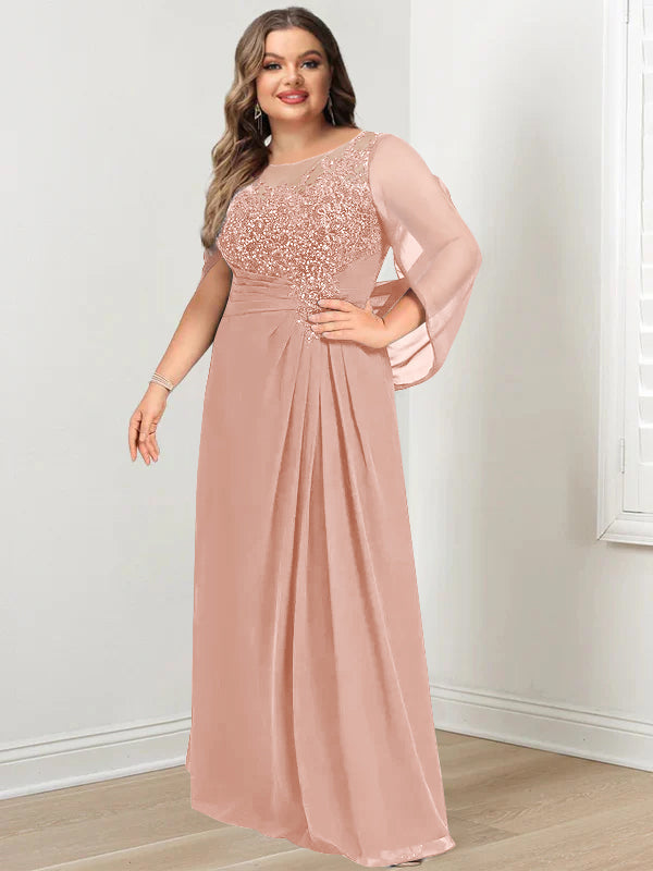 Plus Size Long Mother of the Bride A Line Dress with Scoop Neckline Pleats and Sequins