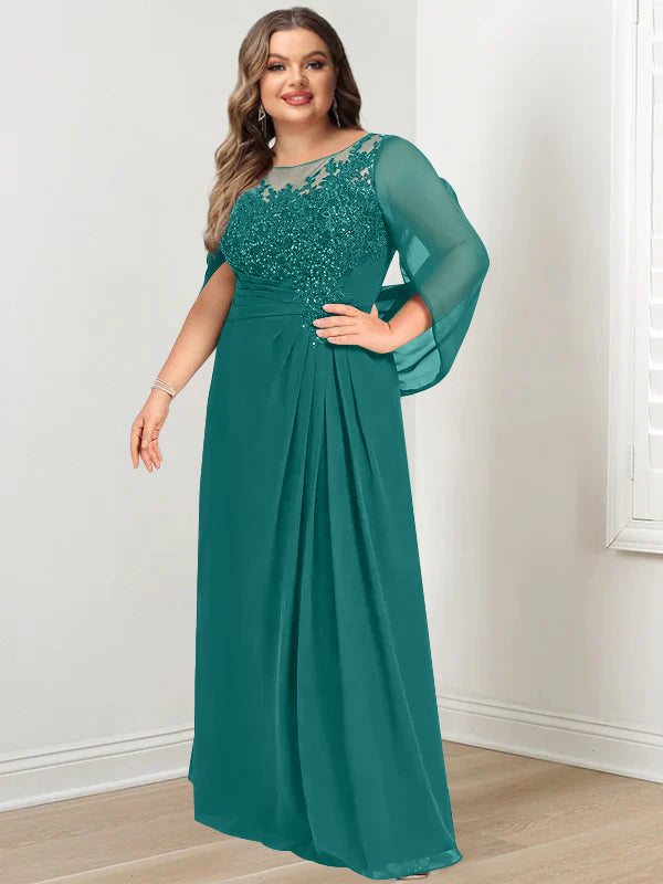 Plus Size Long Mother of the Bride A Line Dress with Scoop Neckline Pleats and Sequins