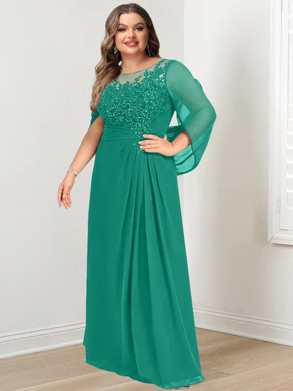 Plus Size Long Mother of the Bride A Line Dress with Scoop Neckline Pleats and Sequins