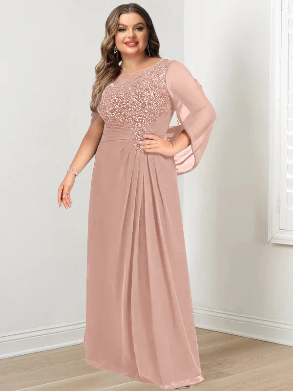 Plus Size Long Mother of the Bride A Line Dress with Scoop Neckline Pleats and Sequins