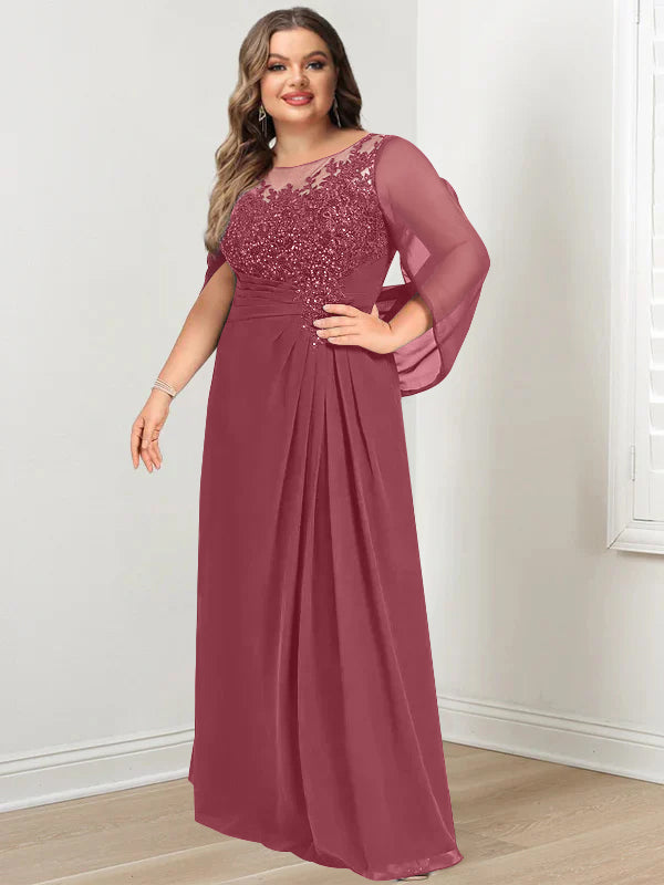 Plus Size Long Mother of the Bride A Line Dress with Scoop Neckline Pleats and Sequins