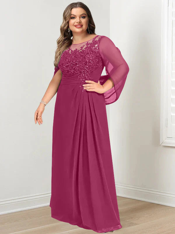 Plus Size Long Mother of the Bride A Line Dress with Scoop Neckline Pleats and Sequins