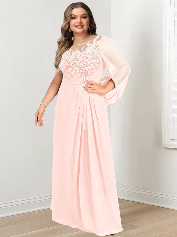 Plus Size Long Mother of the Bride A Line Dress with Scoop Neckline Pleats and Sequins