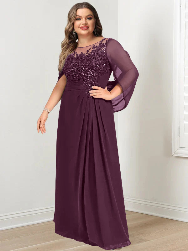 Plus Size Long Mother of the Bride A Line Dress with Scoop Neckline Pleats and Sequins