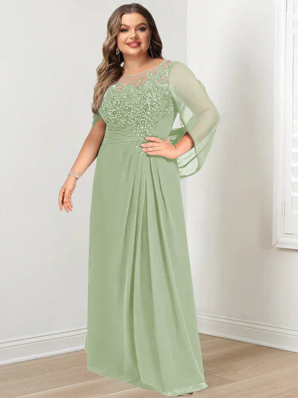 Plus Size Long Mother of the Bride A Line Dress with Scoop Neckline Pleats and Sequins