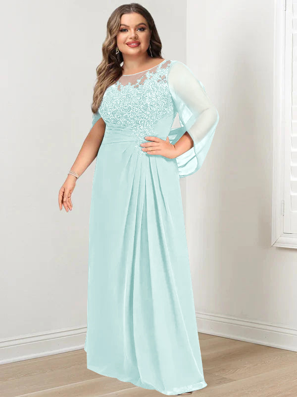 Plus Size Long Mother of the Bride A Line Dress with Scoop Neckline Pleats and Sequins
