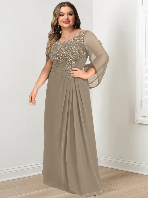 Plus Size Long Mother of the Bride A Line Dress with Scoop Neckline Pleats and Sequins